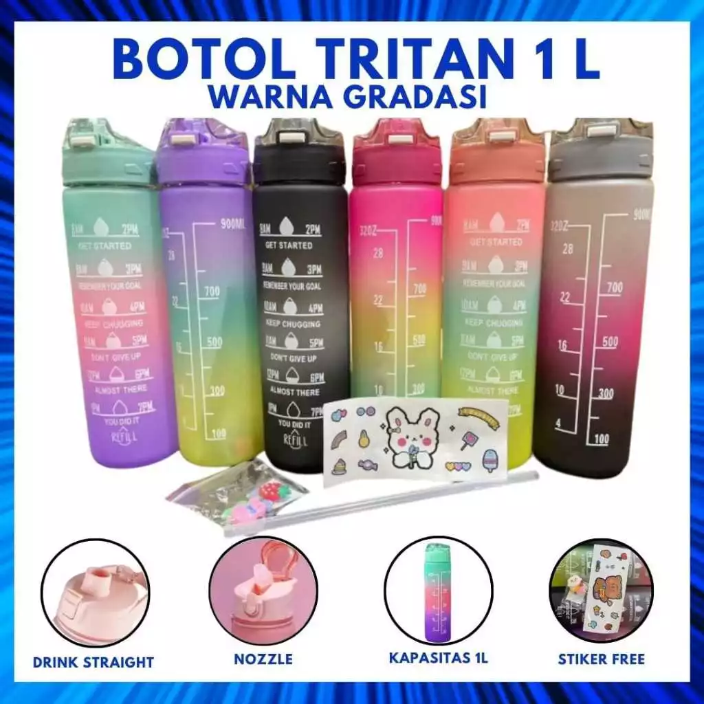 BOTOL MINUM TRITAN 1 L VIRAL GRADASI / BOTOL TRITAN RAINBOW 1 LITER SEDOTAN+STIKER | AutoStock