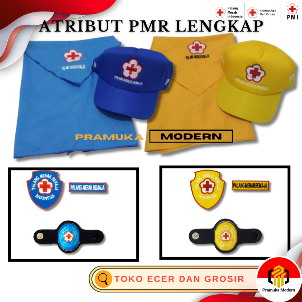 Jual Atribut PMR madya wira lengkap topi syal ring emblem PMR biru dan ...