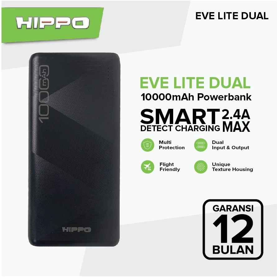 Hippo Powerbank EVE LITE DUAL 10000MAH BLACK Smart Detec Charger 2,4A Flight Friendly Power Bank