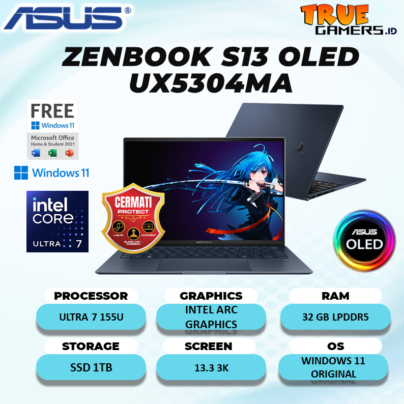 Jual Laptop Asus Zenbook S13 Oled Ux5304ma Ultra 7 155u 32gb 1tb W11