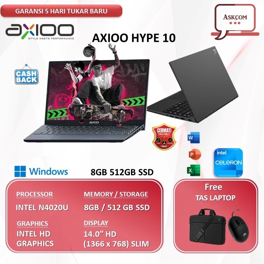 Jual Laptop AXIOO Hype 10 Intel N4020U 8GB 512GB SSD 14.0