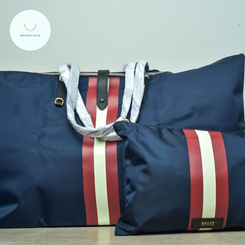 Jual Bally Foldable Tote XLTR Nylon Navy Blue List Red White Large Shopee Indonesia