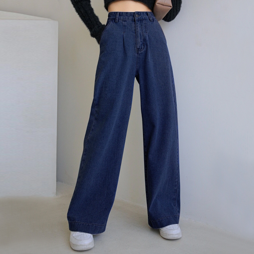 Jual Baggy Jeans Wanita High Waisted Straight Solid Color Korean
