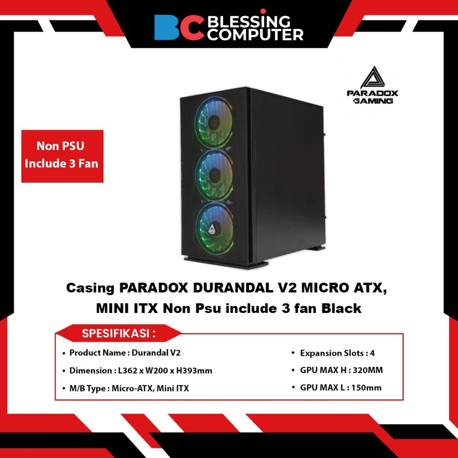 Jual Casing PARADOX DURANDAL V2 MICRO ATX, MINI ITX Non Psu include 3 ...