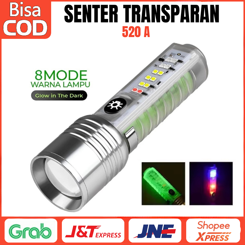 Jual Senter Transparan Flashlight 520A 8 Mode Warna 30W LED Magnet ...