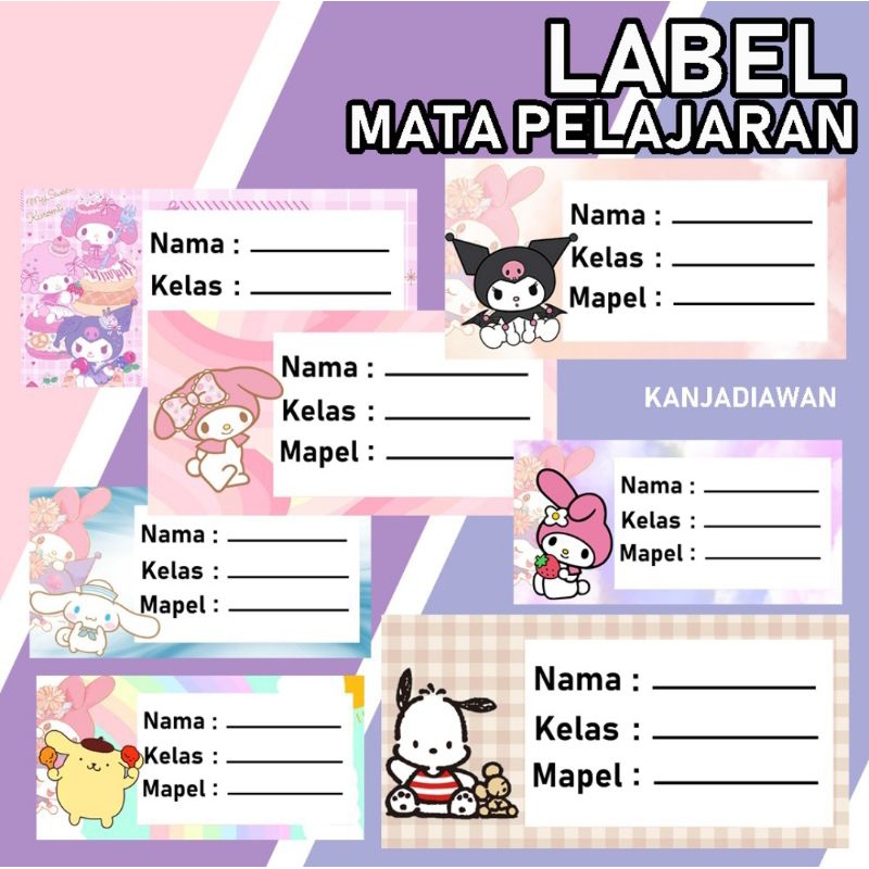 Jual Label Mata Pelajaran Custom Label Mapel Sanrio Stiker Buku Kuromi Cinnamoroll Melody