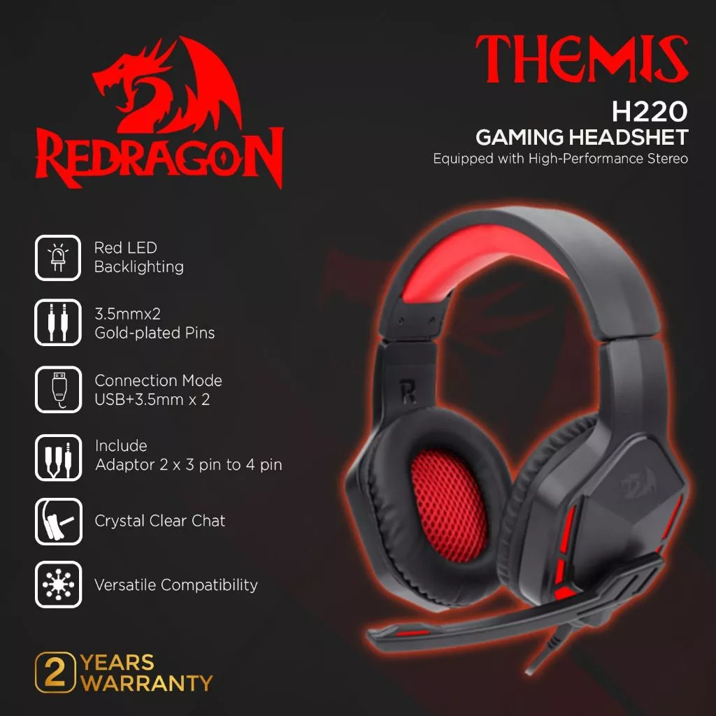 Redragon H220 THEMIS Wired Gaming Headset, Stereo Surround-Sound