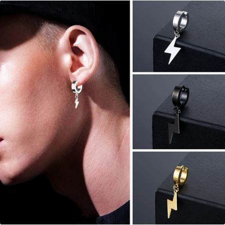 Jual Anting tindik pria hitam silver gold titanium korea kpop petir