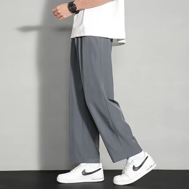 saferido Summer Thin Ice Silk Straight Loose Casual Pants Men Solid Korean Elastic Waist Drawstring Patchwork Pocket Wide Leg Trousers