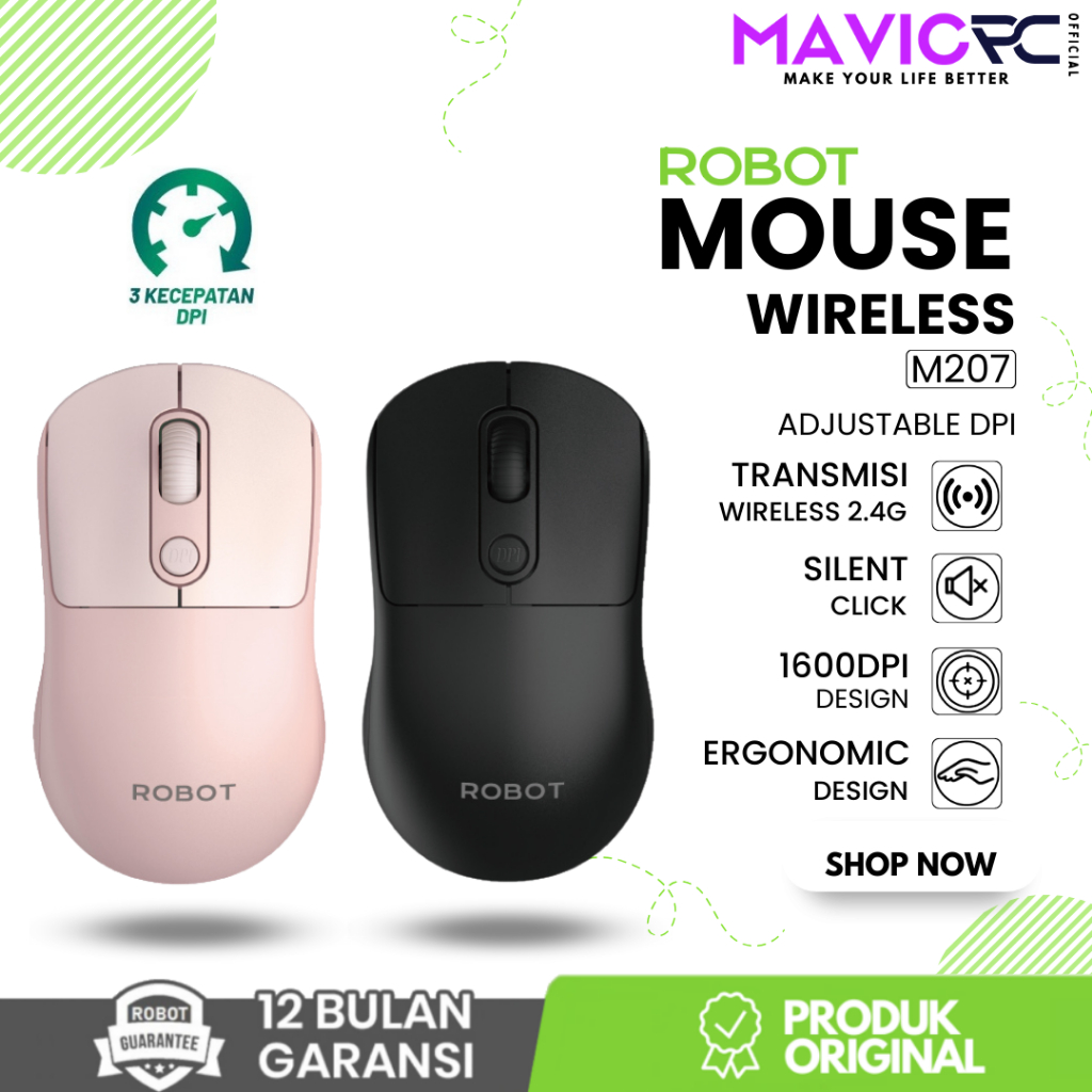 Jual ROBOT M207 Silent Mouse Wireless 2.4GHz Optical 1600DPI Kursor ...