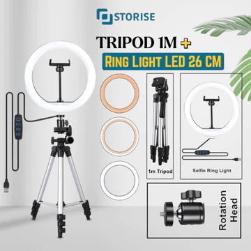 STORISE Paket Komplit Tripod 1 Meter Ring Light 26 CM Stand HP Live Stream TikTok Selfie Make