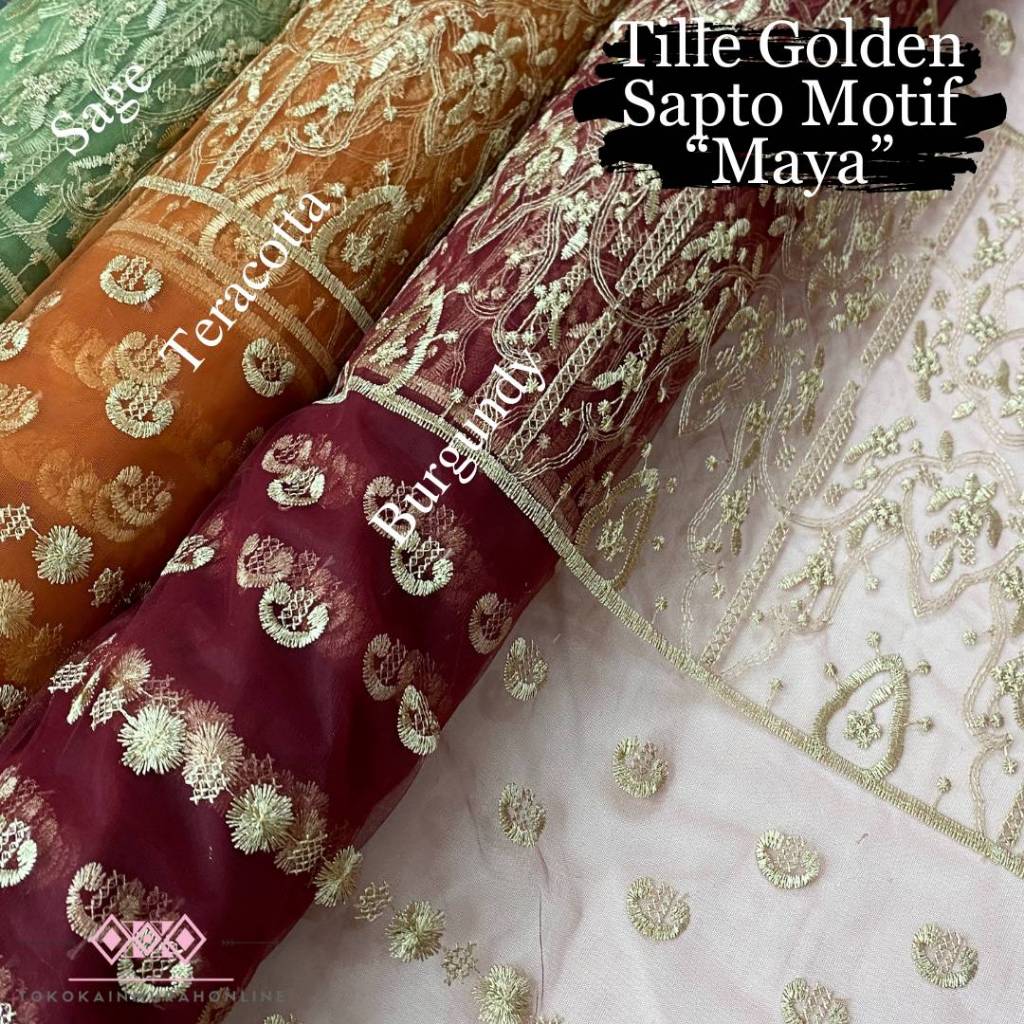 Jual Kain Tille Brokat Korea Full Payet Tebal Sapto Golden Motif Maya