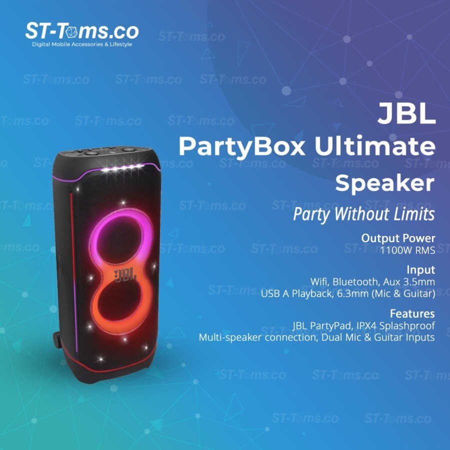 JBL PartyBox Ultimate RGB Lightshow 1100W RMS Bluetooth WiFi Dual Mic Input  Guitar Port