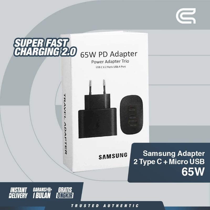 SAMSUNG TRIPLE PORT USB C USB POWER ADAPTER 65 WATT HITAM ORIGINAL  BERGARANSI