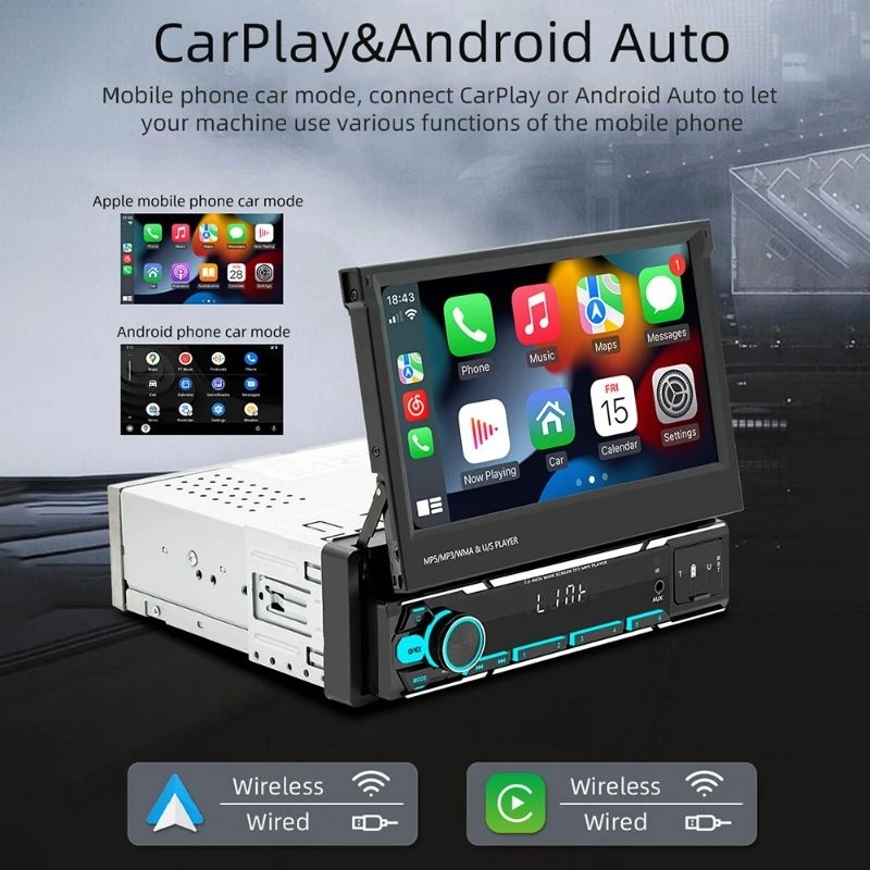 Tape mobil head unit single din layar 7 inch HD android auto apple car play bluetooth USB