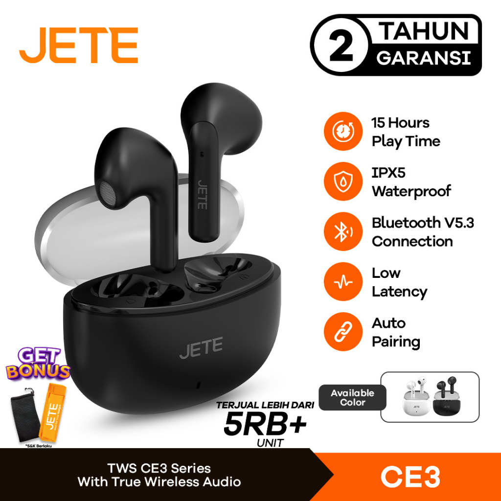 TWS Earbuds Headset Bluetooth JETE CE3 Waterproof IPX5 Garansi  Tahun