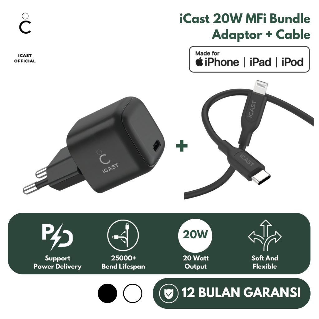 Charger iPhone 20W MFi Fast Charging iCast Mini Adaptor 20W USB C To  Lightning [Bundle Adaptor Kabel]