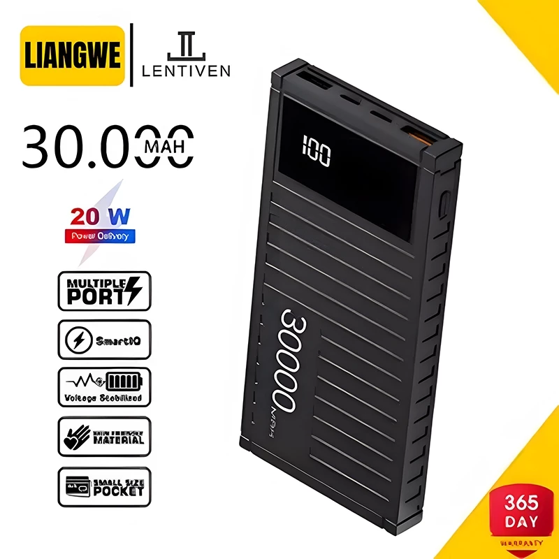 Liangwe lentiven powerbank 30000 mah mini fast charging led display