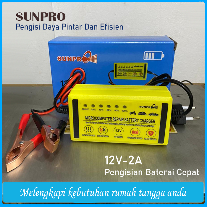 Jual Charger Aki Mobil Dan Motor Sunpro 12V-2A Bisa Aki Kering & Basah