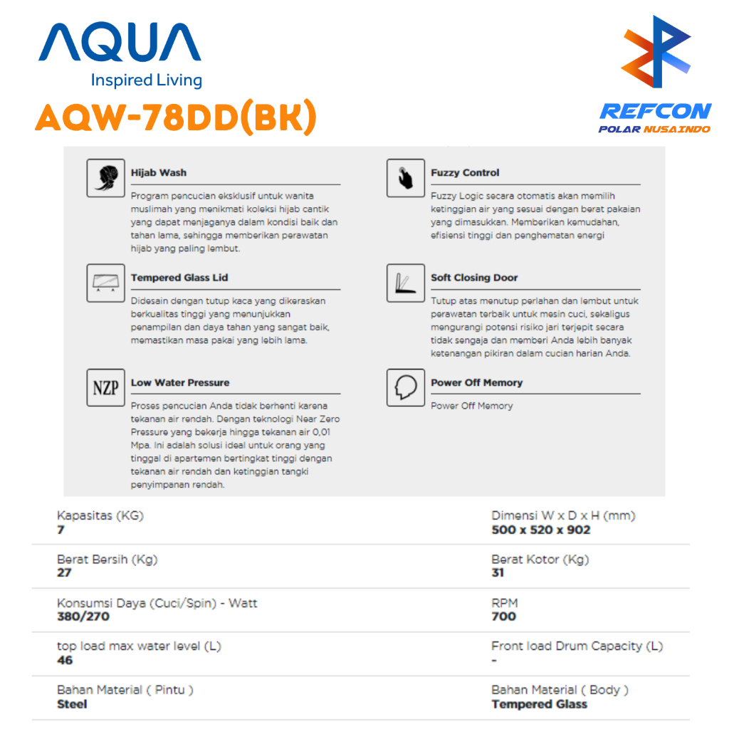 Jual Mesin Cuci AQUA AQW-78DD (BK) / AQW 78DD(BK) / AQW78 1 Tabung 7 Kg ...