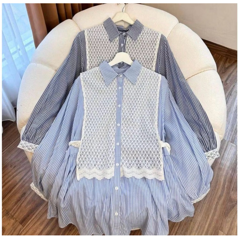 ALANA BLOUSE SALUR KOMBINASI BRUKAT MOTIF STRIPE KEMEJA TANGAN PANJANG