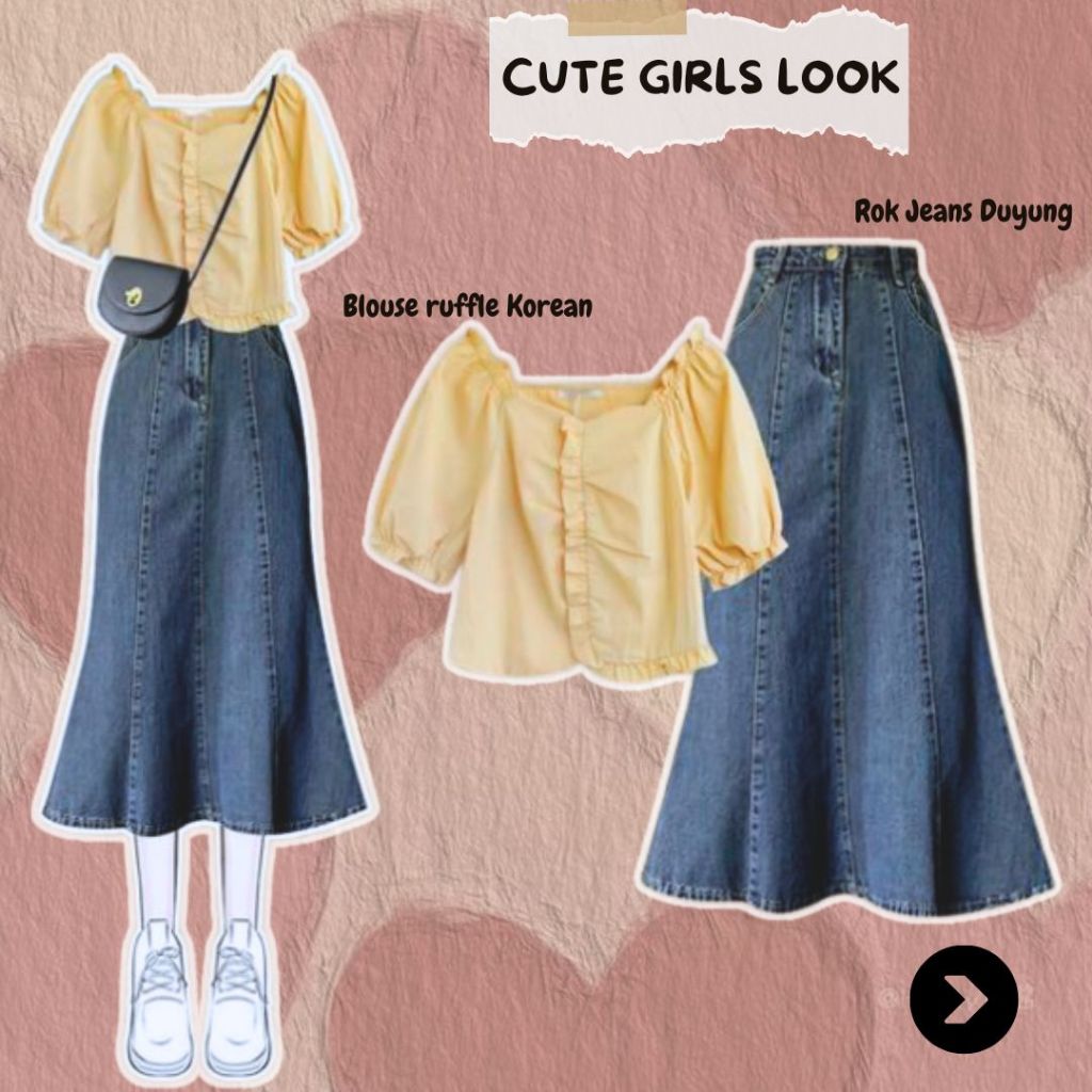 Jual One Set Korean Style Rok Midi Jeans Duyung + Blouse Ruffle Gaya ...