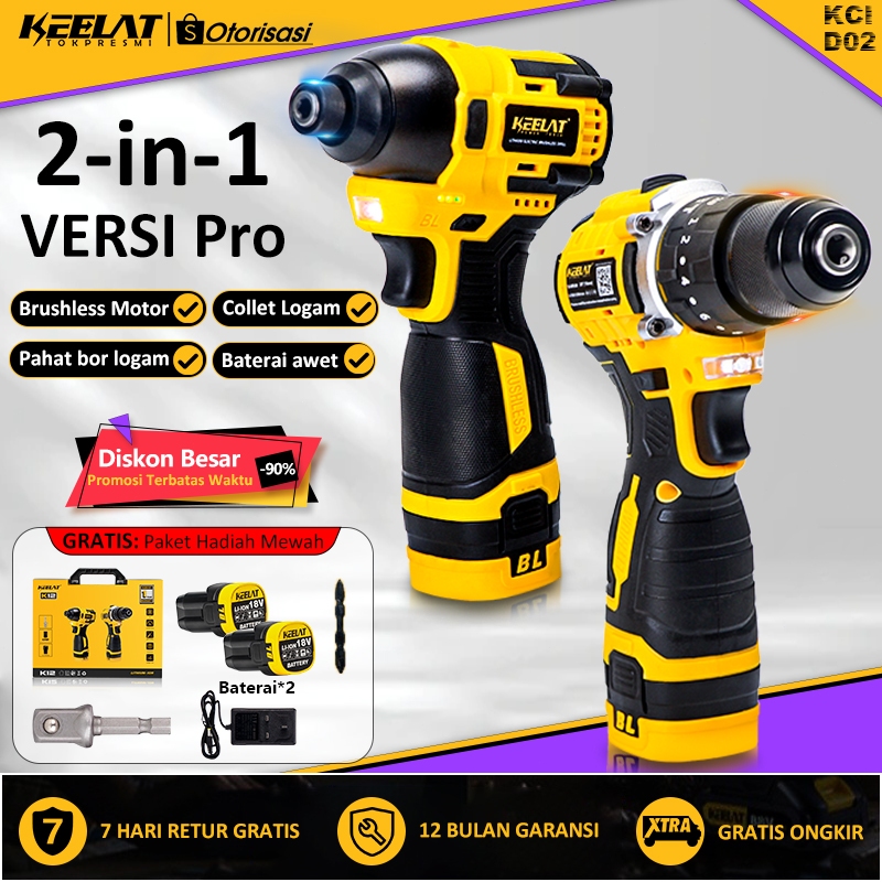 KEELAT【COD】 IN KOMBO Drill Impact Driver Brushless Cordless Drill Set  Heavy Duty Drill Impact Mesin Bor Listrik 10mm toolbox murah 2baterai cas 