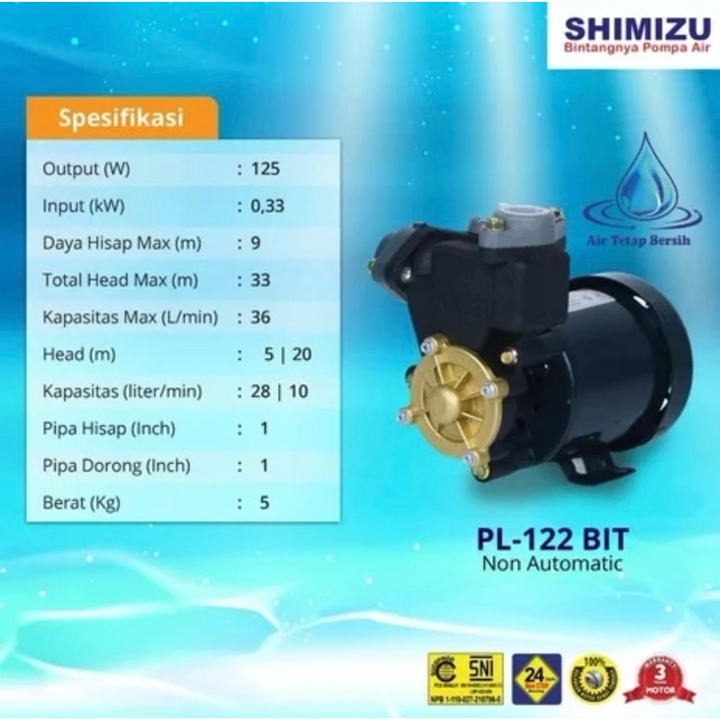 Jual SHIMIZU PL-122 BIT Pompa Air Non-Automatic / Tidak Otomatis (Medan ...