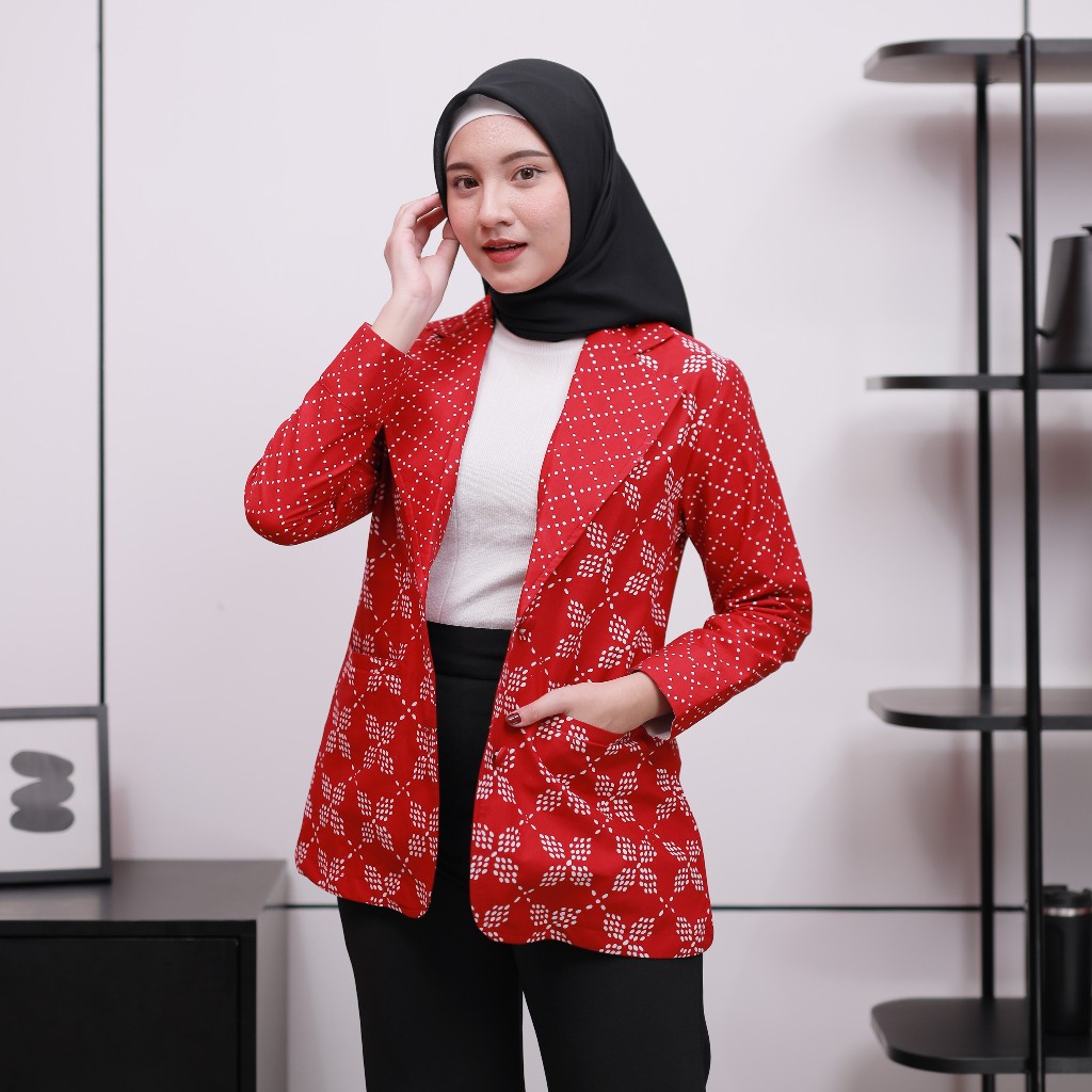 Jual Blazer Cahya Atasan Wanita Batik Merah Putih Kerja Kantor Katun ...