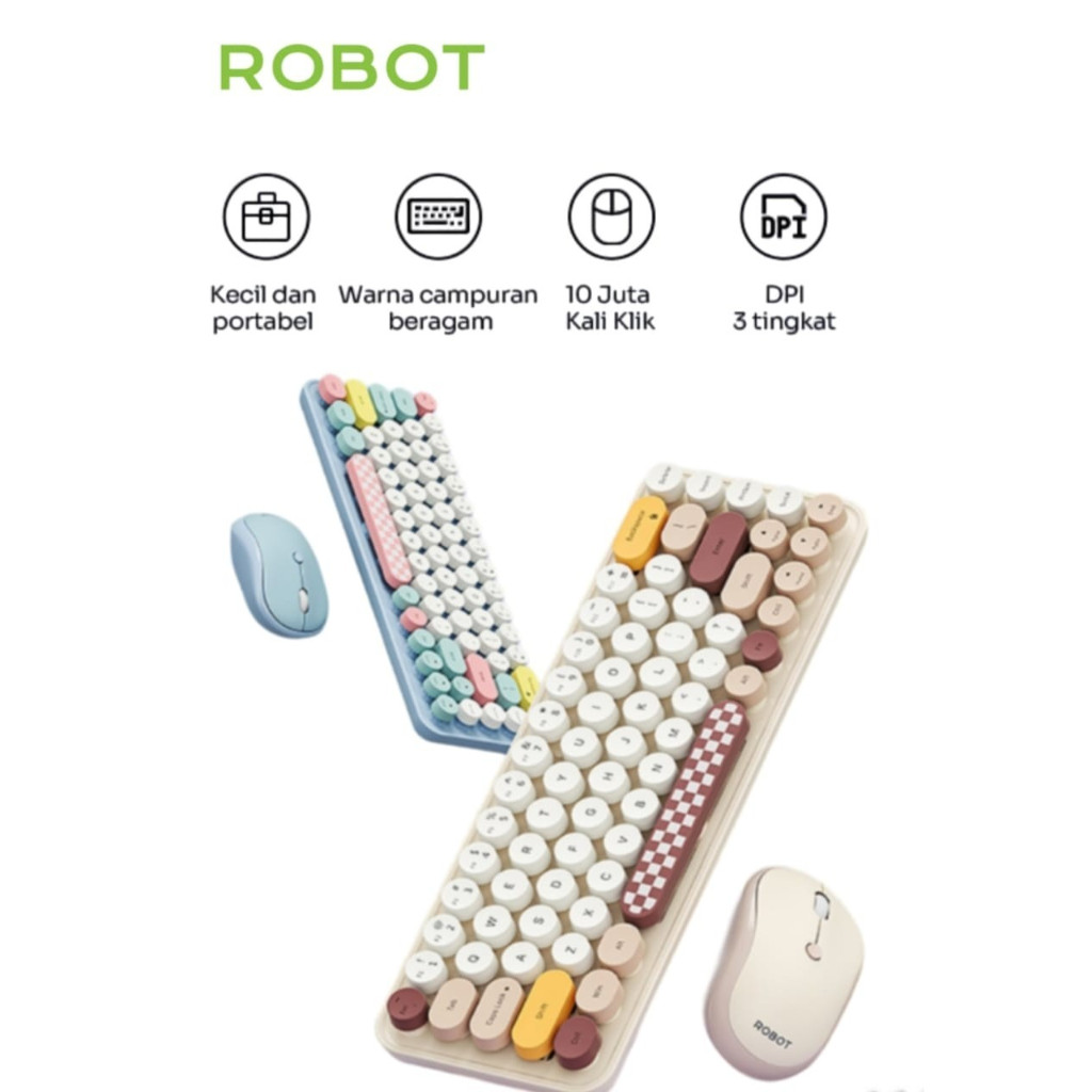 Robot KM3600 Keyboard Mouse Wireless Combo Set 2.4G Stylish Mini Colorfull