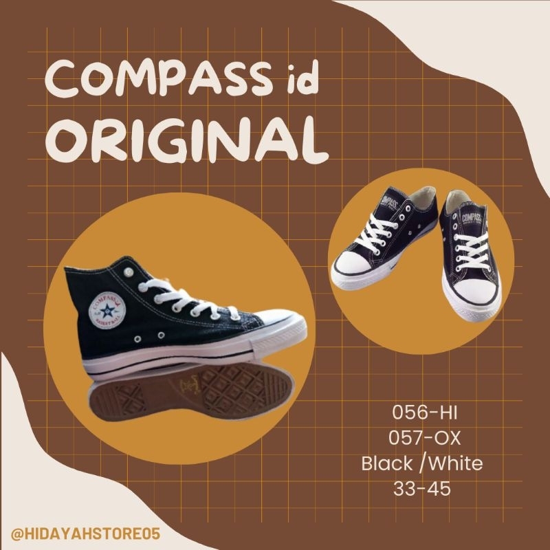 Sepatu Compass id Original 056/HI 057/OX Black/White 33-45 Sepatu Sekolah  Anak Sneakers Pria Wanita Clasic ANGSAL STAR