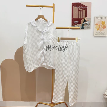 Baju Tidur Piyama Satin Kotak Setelan Lengan Panjang Celana Panjang Wanita Busui Full Kancing