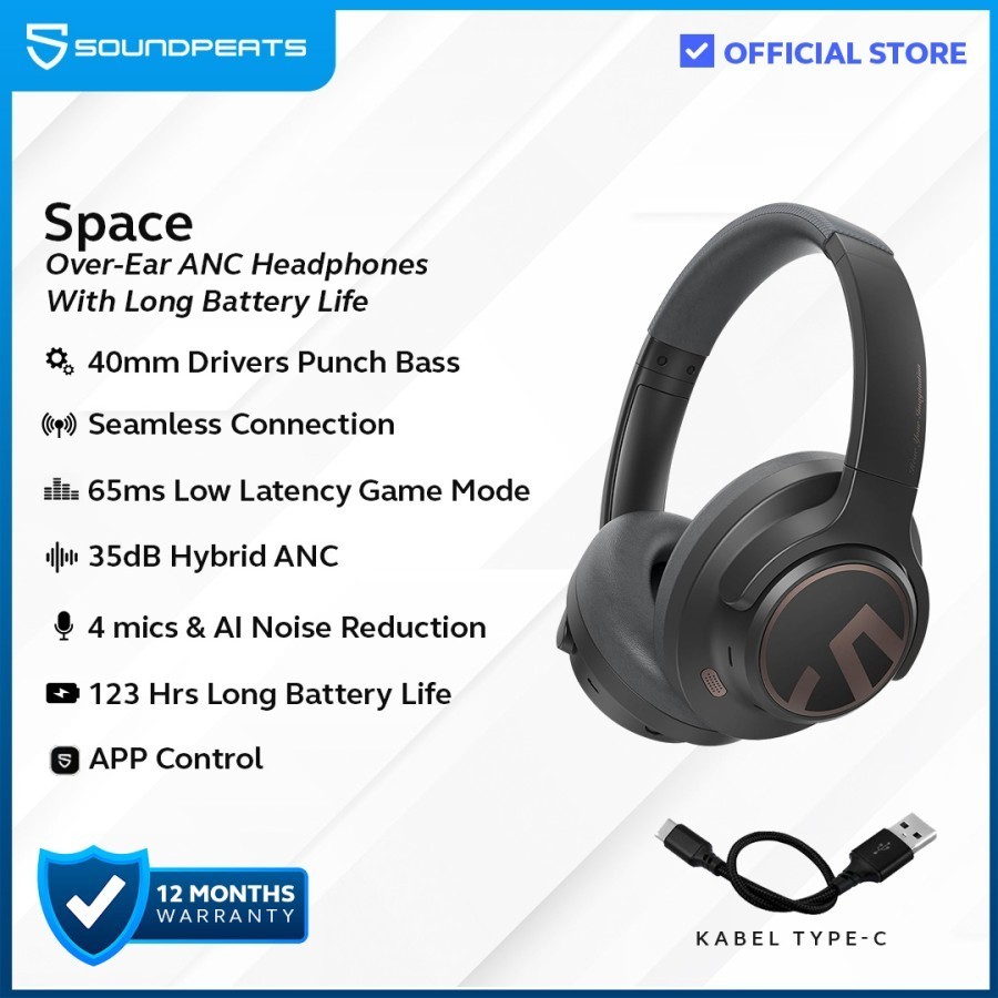 Jual SoundPEATS Space Hybrid ANC Wireless Over-Ear Headphone Garansi