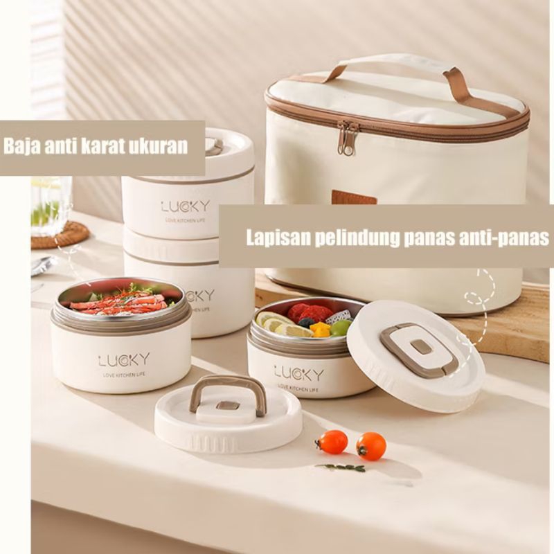 Jual Lunch Box Bulat Susun 2 3 4 Mangkok 1 Tas Pelindung Panas 600ml ...