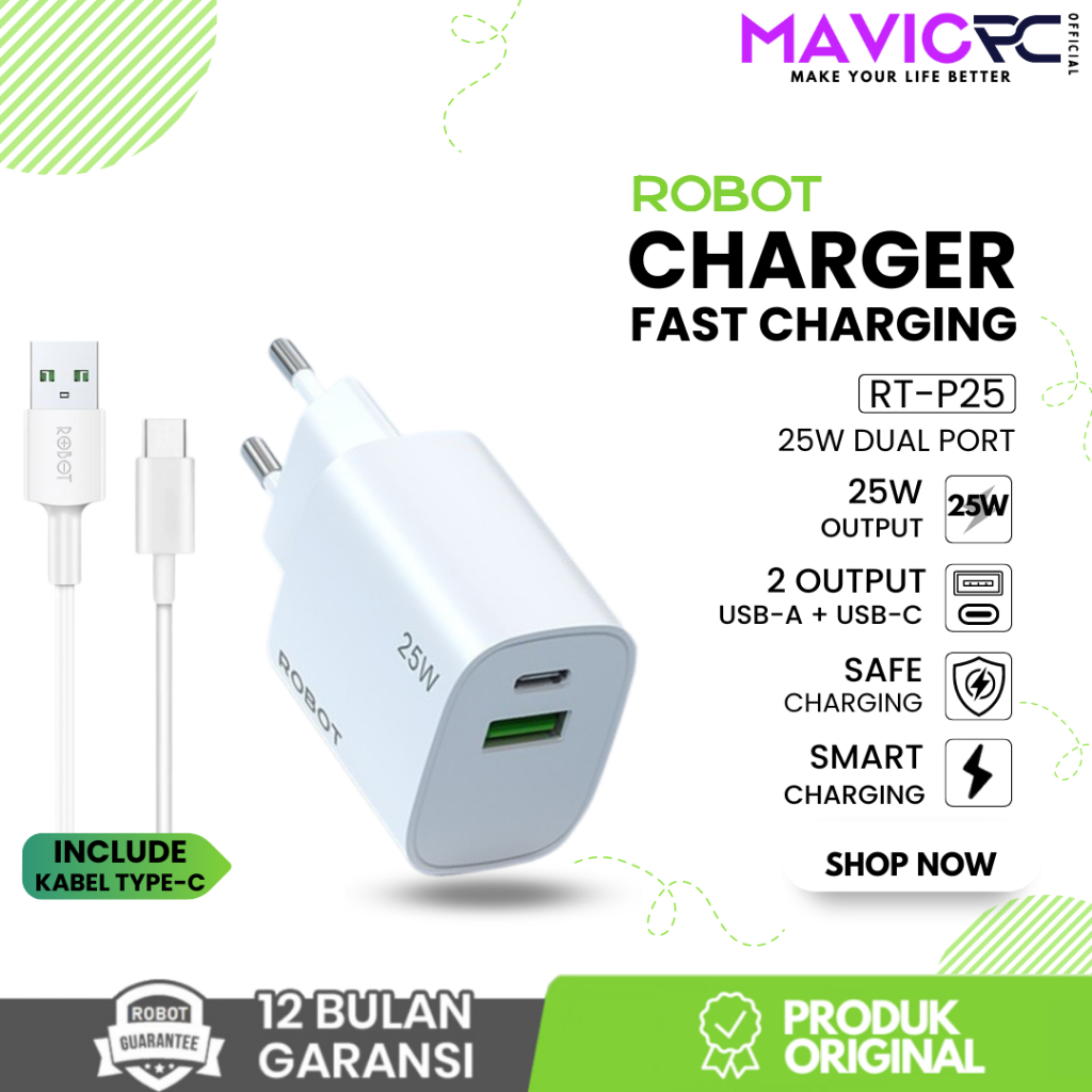 Jual ROBOT RT-P25 Charger Fast Charging USB-C 25W Max PPS PD QC3.0 Dual ...