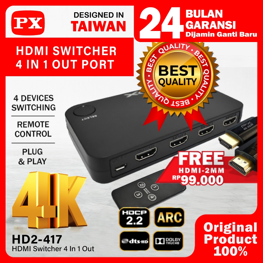 4K HDMI Switcher 4 in 1 out PX HD2-417 dengan IR Remote Control