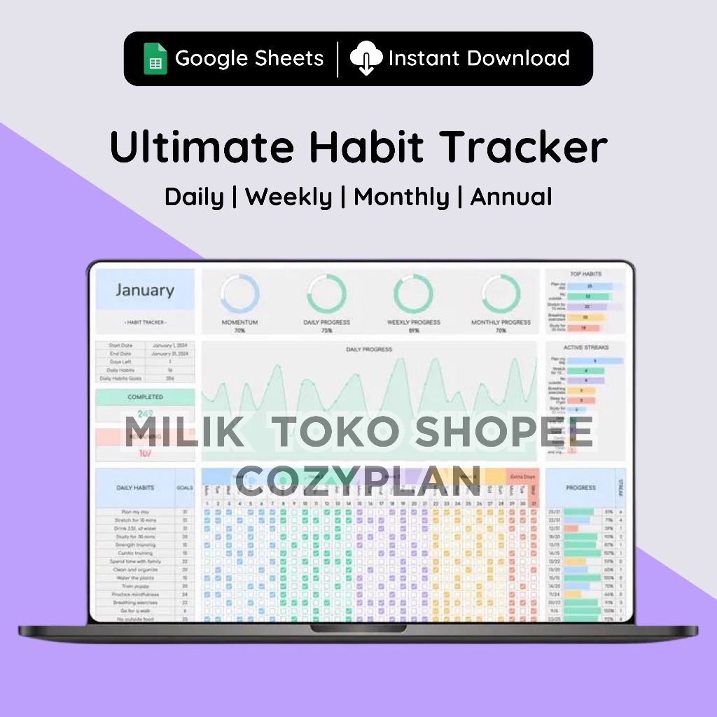 Jual Google Sheets Ultimate Habit Tracker Light Mode, Daily, Weekly ...