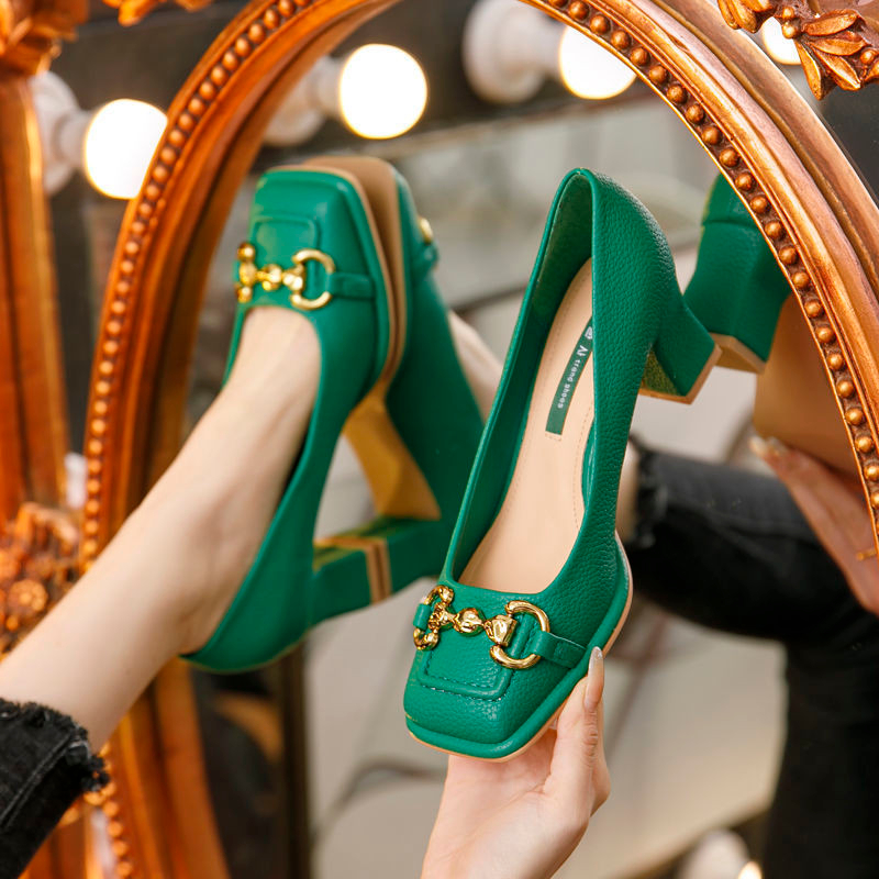 Elegant Green High Heels Women's Chunky Heel Mary Jane Leather Shoes Square  Toe Pumps