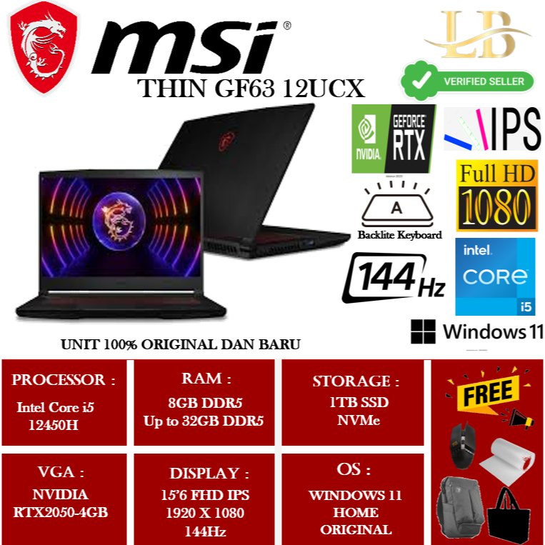MSI Thin GF63 12UCX-841VN Core™ I5-12450H Ram 8Gb Ssd 512Gb Card RTX™ 2050 4GB Màn Hình 15.6