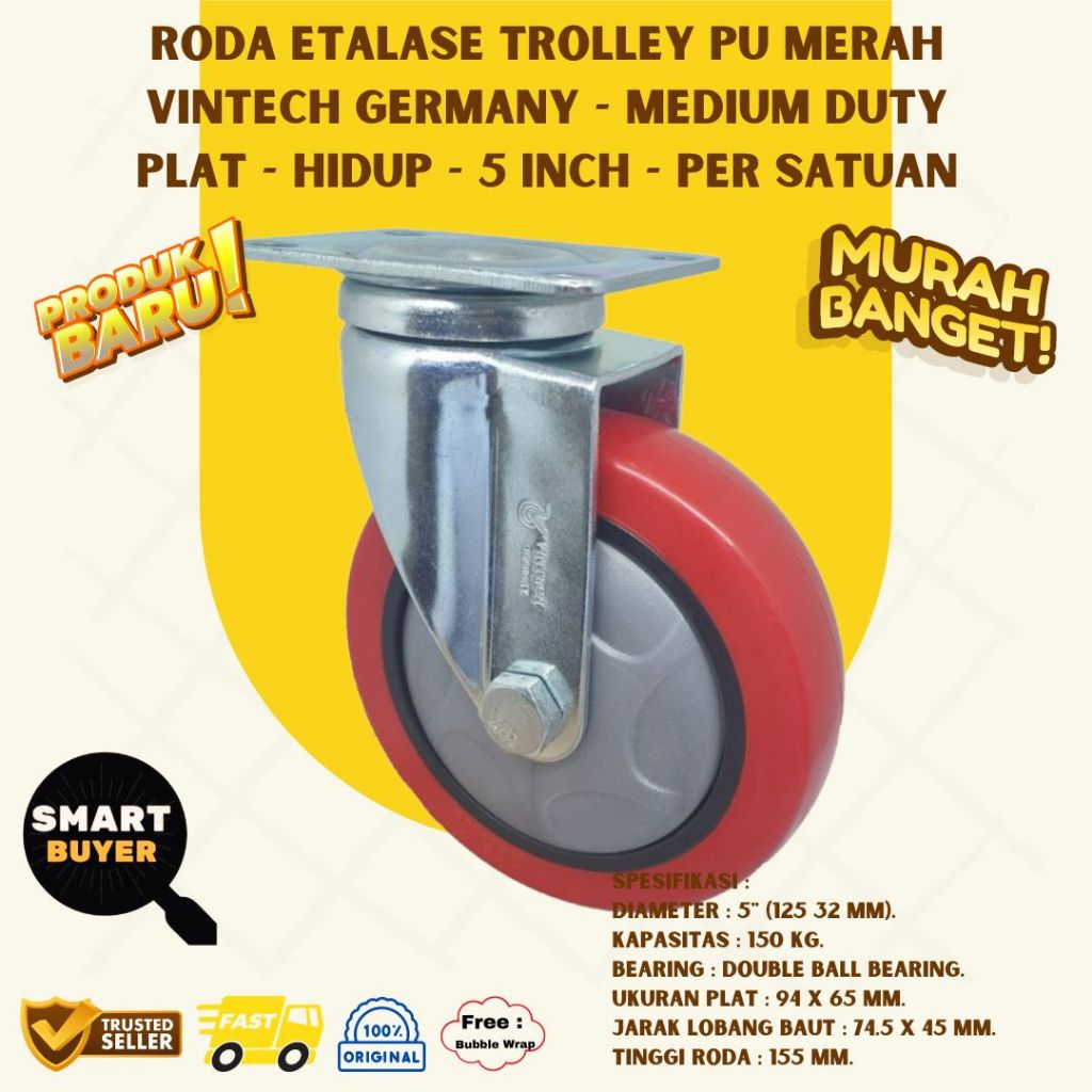 Jual TRJ Roda Etalase Trolley PU Merah 5 Inch Medium Duty VINTECH ...