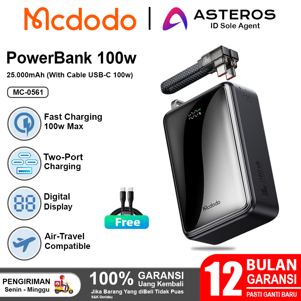 MCDODO Powerbank 25.000mAh 100w Fast Charging Built in Cable Type C PD QC