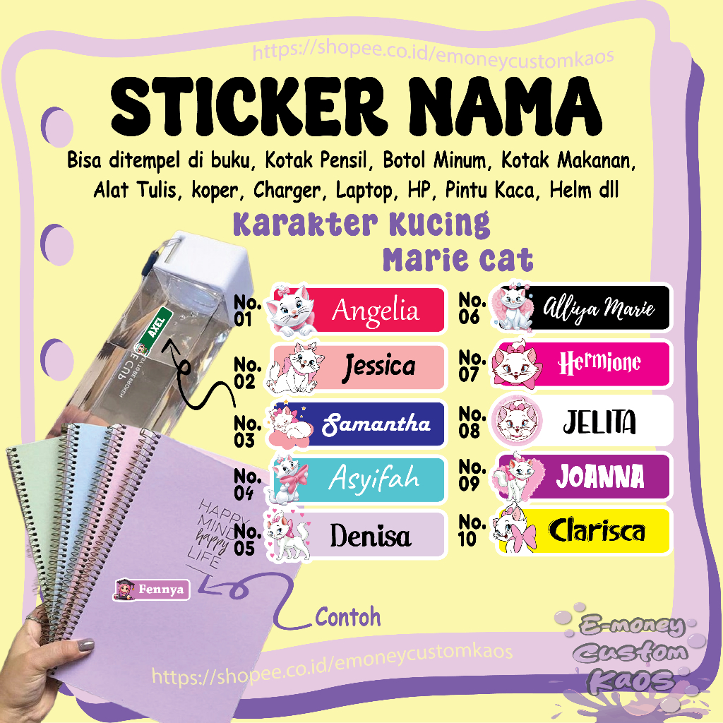 Jual STICKER LABEL NAMA MARIE CAT KUCING LUCU STIKER CUSTOM LEBEL ...