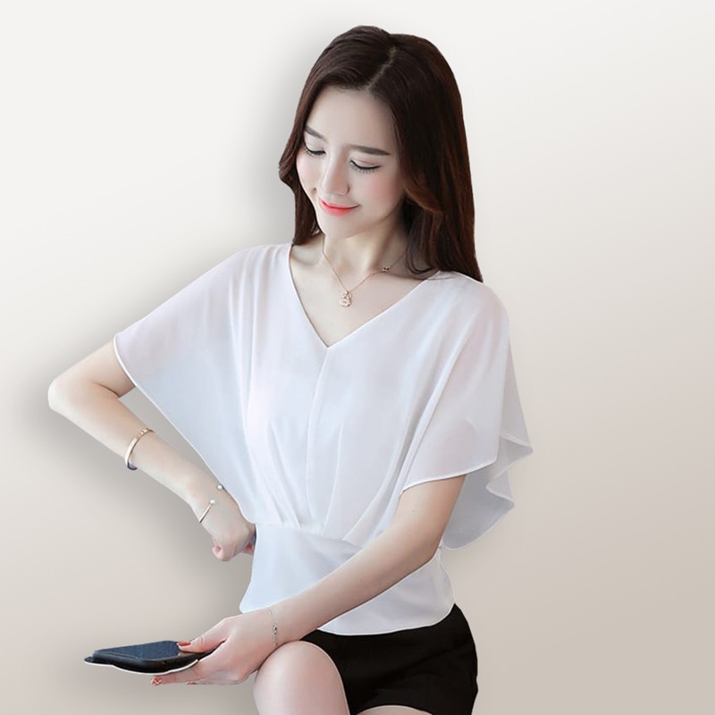 Jual Blus Sifon Model Korea Wing Putih Blouse Atasan Wanita Blus Korean ...