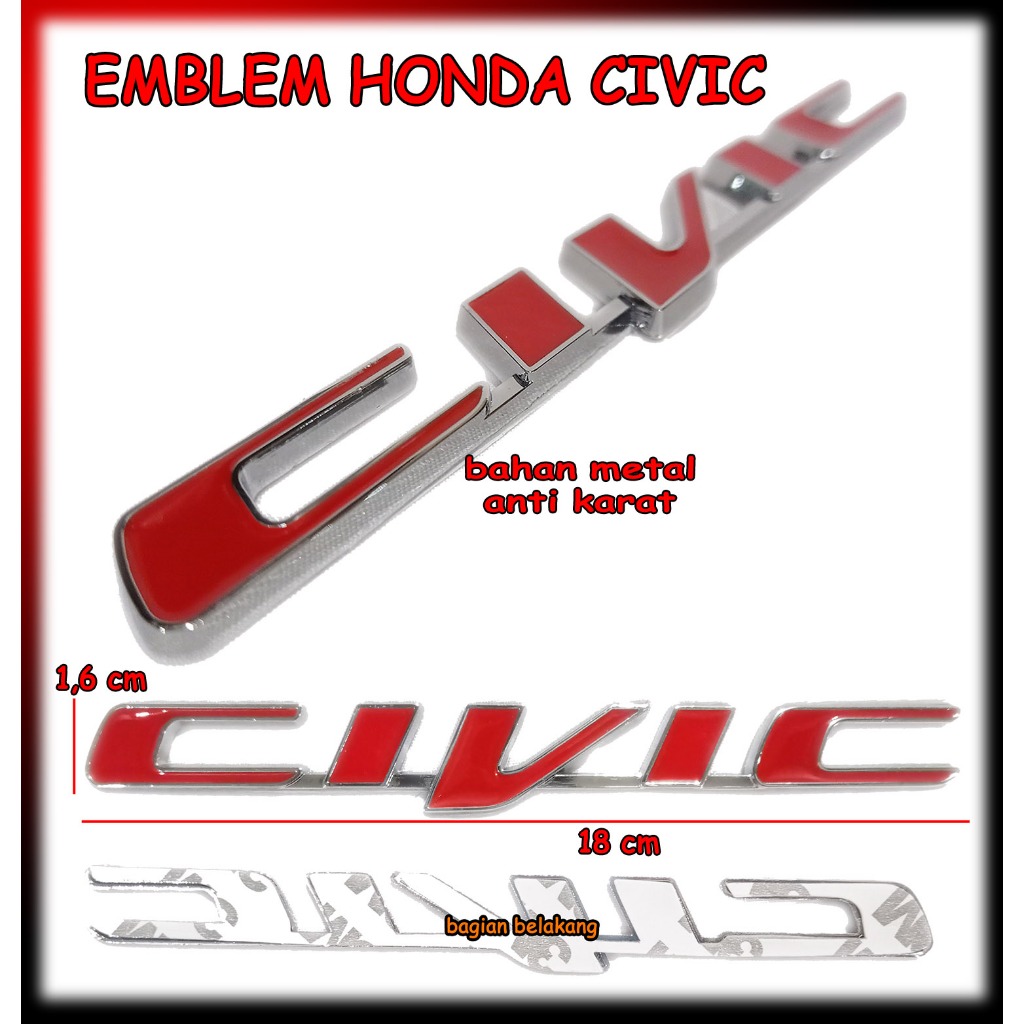 Jual Emblem Logo Mobil Honda Civic Merah FD FD1 FD2 Chrome Bahan Besi ...