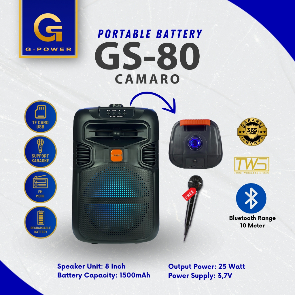G-POWER Speaker Bluetooth inch Gs-80 Camaro Free Mic Kabel Karaoke Set  Portable Bagus Jernih