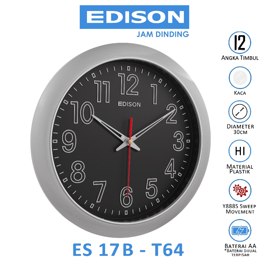 Jual Jam Dinding Edison Sweep ES 17B T64 Timbul Diameter 300mm 30cm ...