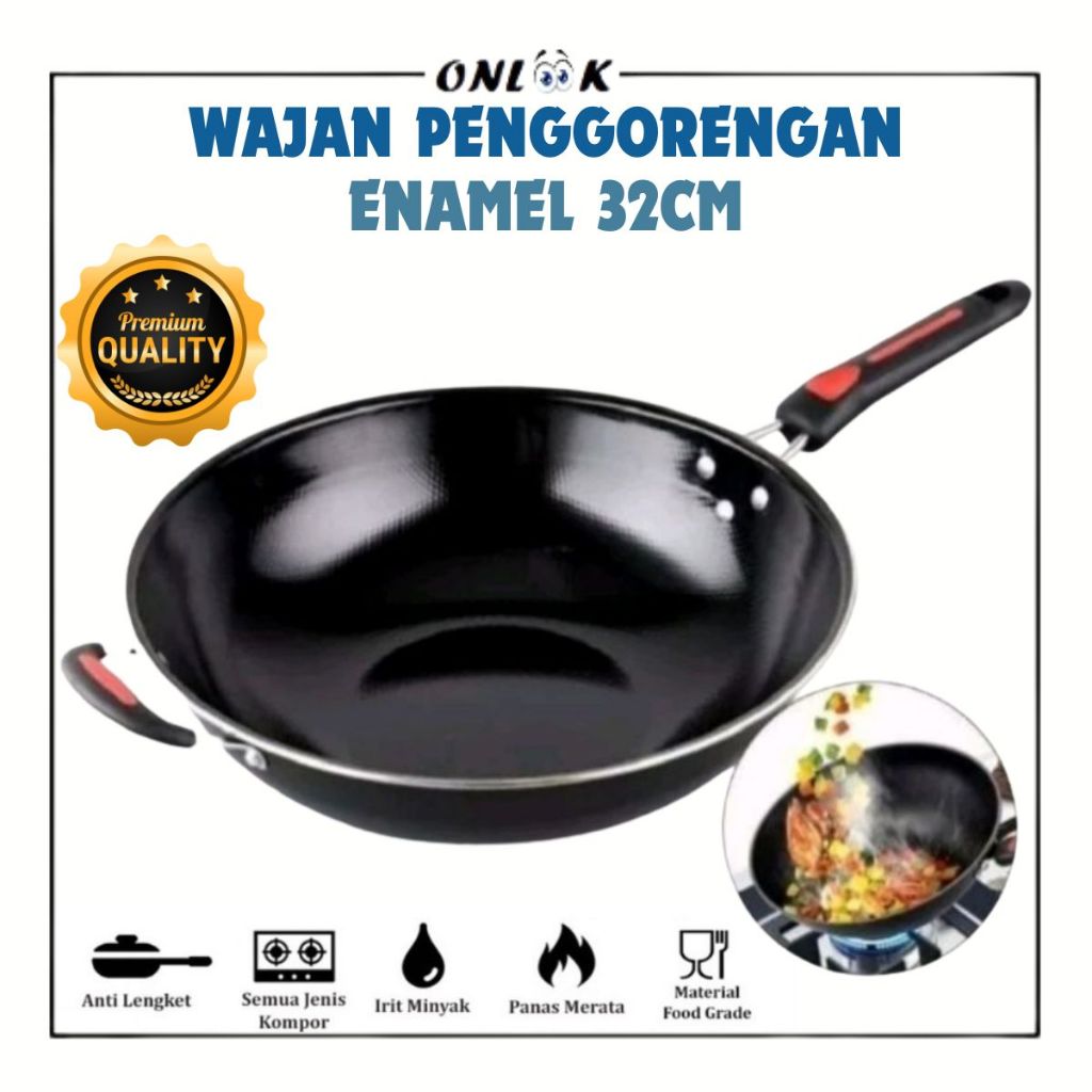 Jual Wajan Penggorengan Lapisan Enamel Gagang Panjang 32cm / Black ...