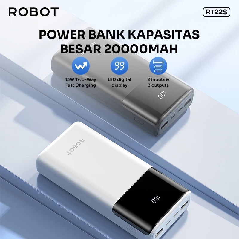 ROBOT Smart Powerbank Fast Charging 20000mAh New RT22S 15W 3 Port Output with LED Original