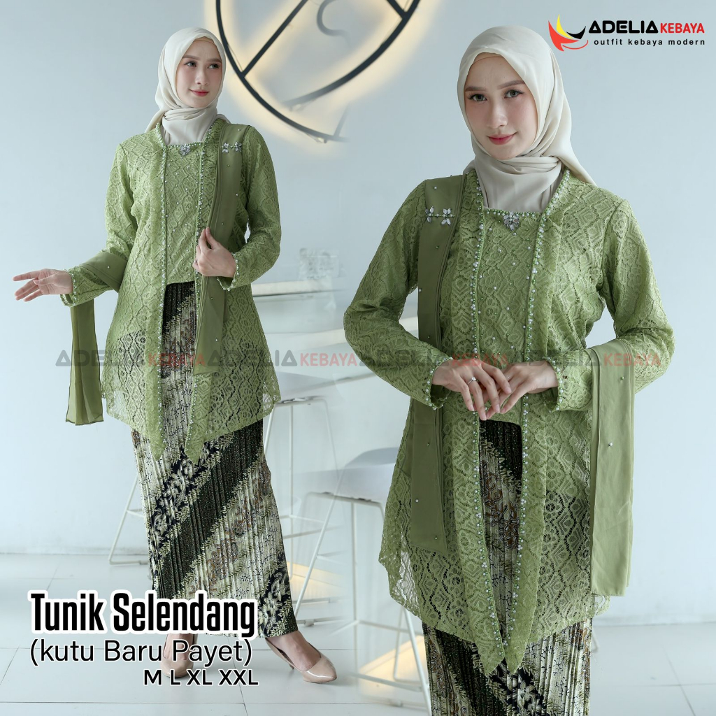 Jual Cod Setelan Kebaya Tunik Selendang Kutubaru Payet Motif Bunga Outfit Kekinian