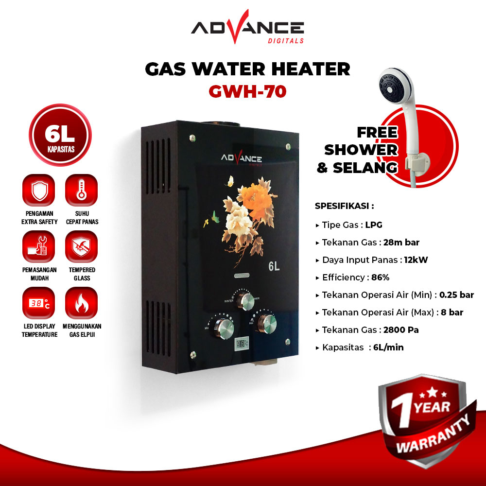 Jual Advance GWH70 Gas Water Heater Kapasitas 6Liter Free Shower dan